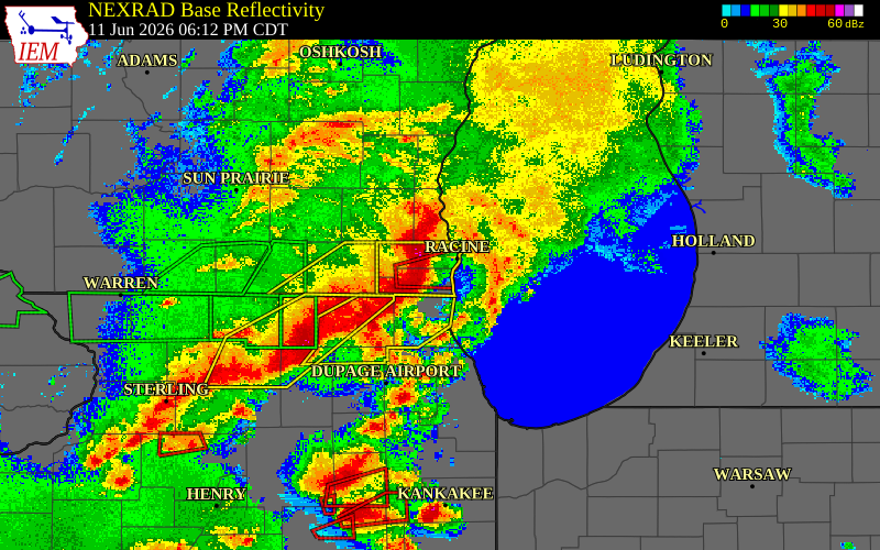 Radar snapshot during the Jun 11, 2026 tornado event near 5 NW Kenosha, Kenosha County, Wisconsin, with NWS warning polygons