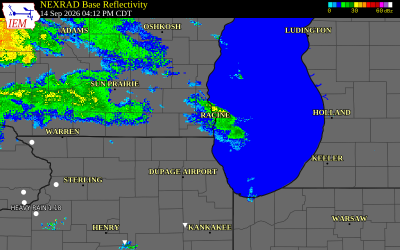 Current NEXRAD radar over Kenosha County, Wisconsin with recent storm report locations