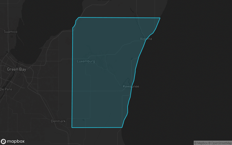 Map of Kewaunee County, Wisconsin showing the county boundary and surrounding cities