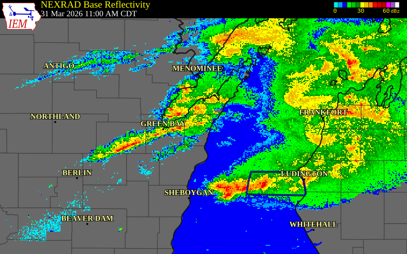 NEXRAD radar during the Tuesday, March 31, 2026 storm activity in Kewaunee County, Wisconsin