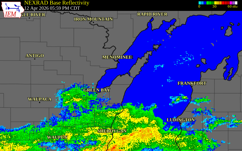 NEXRAD radar during the Sunday, April 12, 2026 storm activity in Kewaunee County, Wisconsin