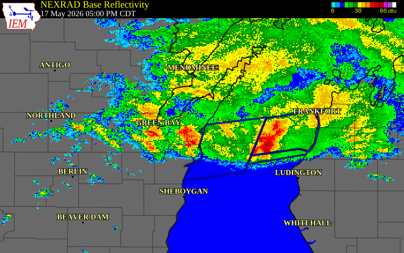 NEXRAD radar during the Sunday, May 17, 2026 storm activity in Kewaunee County, Wisconsin