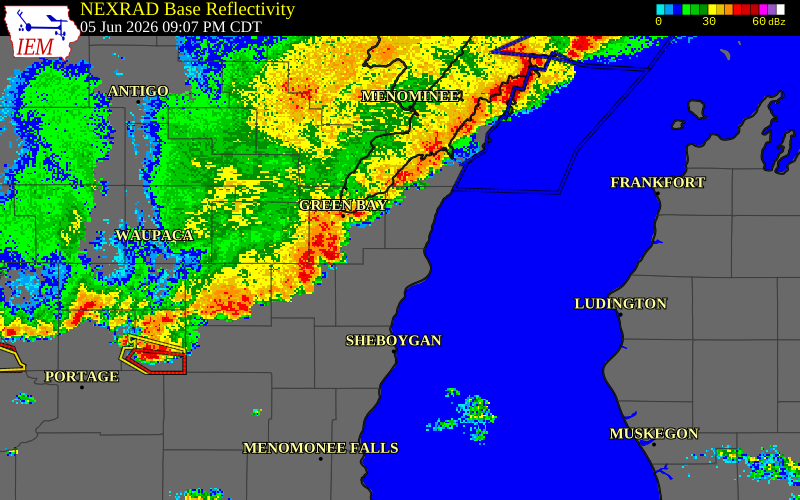 NEXRAD radar during the Friday, June 5, 2026 storm activity in Kewaunee County, Wisconsin