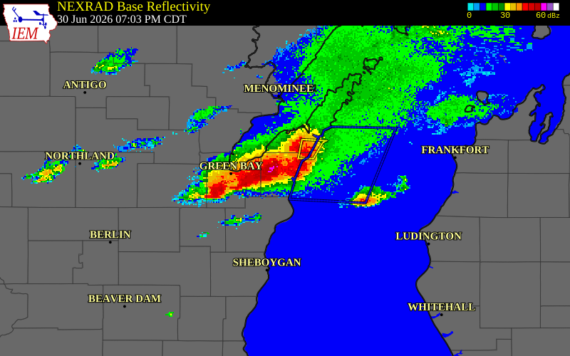 NEXRAD radar during the Tuesday, June 30, 2026 storm activity in Kewaunee County, Wisconsin
