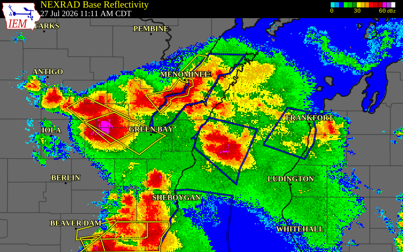 NEXRAD radar during the Monday, July 27, 2026 storm activity in Kewaunee County, Wisconsin
