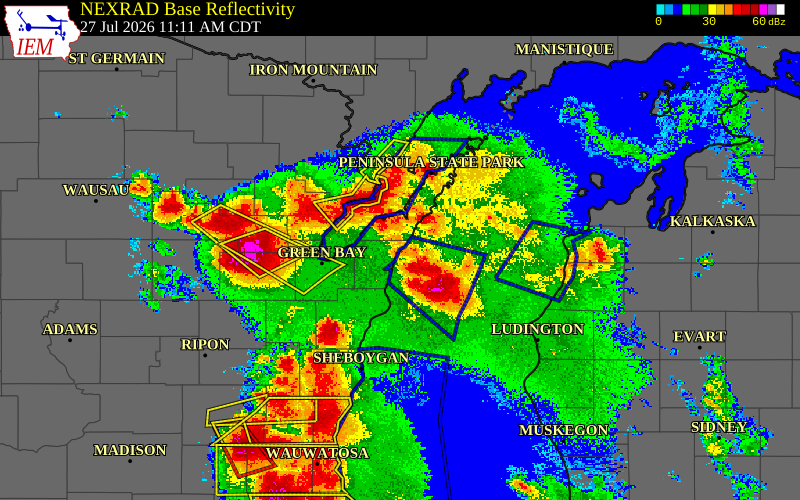 Radar snapshot during the Jul 27, 2026 hail event near Algoma, Kewaunee County, Wisconsin, with NWS warning polygons