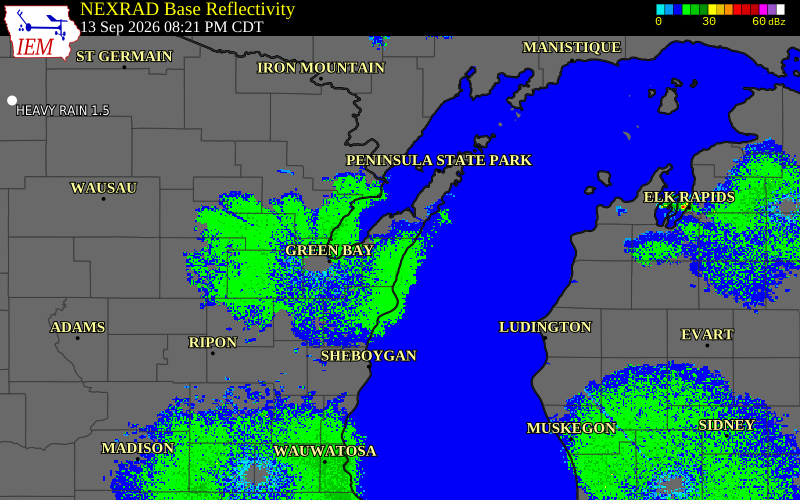 Current NEXRAD radar over Kewaunee County, Wisconsin with recent storm report locations