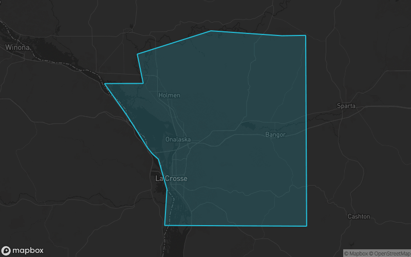 Map of La Crosse County, Wisconsin showing the county boundary and surrounding cities