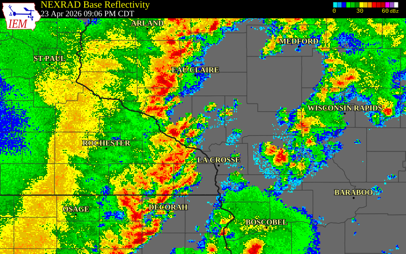 NEXRAD radar during the Thursday, April 23, 2026 storm activity in La Crosse County, Wisconsin