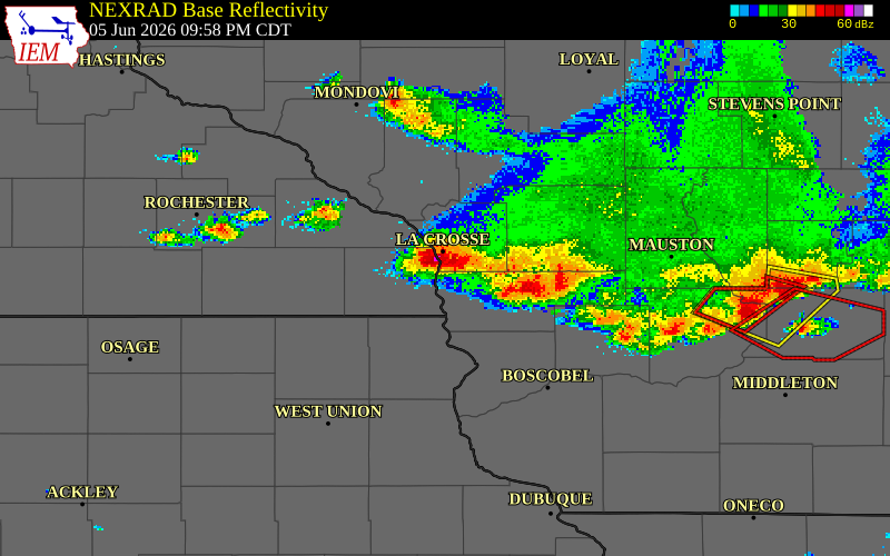 NEXRAD radar during the Friday, June 5, 2026 storm activity in La Crosse County, Wisconsin
