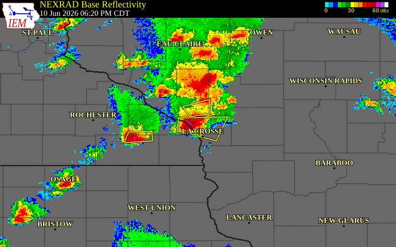 NEXRAD radar during the Wednesday, June 10, 2026 storm activity in La Crosse County, Wisconsin