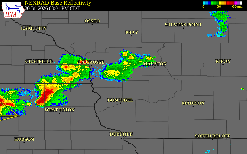 NEXRAD radar during the Monday, July 20, 2026 storm activity in La Crosse County, Wisconsin