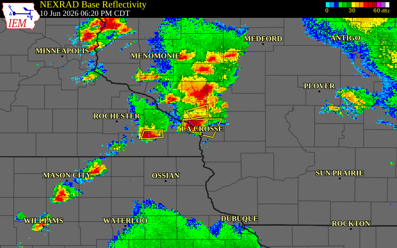 Radar snapshot during the Jun 10, 2026 hail event near 1 ESE New Amsterdam, La Crosse County, Wisconsin, with NWS warning polygons