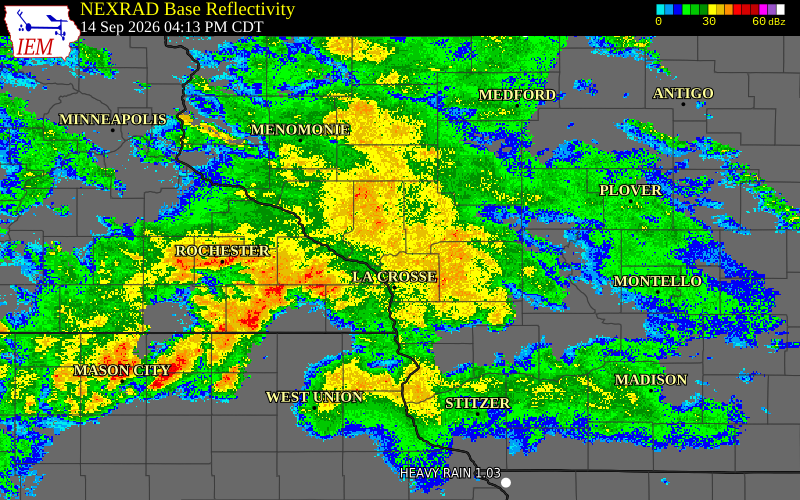 Current NEXRAD radar over La Crosse County, Wisconsin with recent storm report locations
