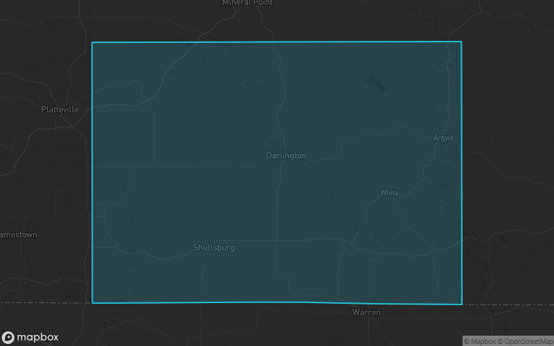 Map of Lafayette County, Wisconsin showing the county boundary and surrounding cities