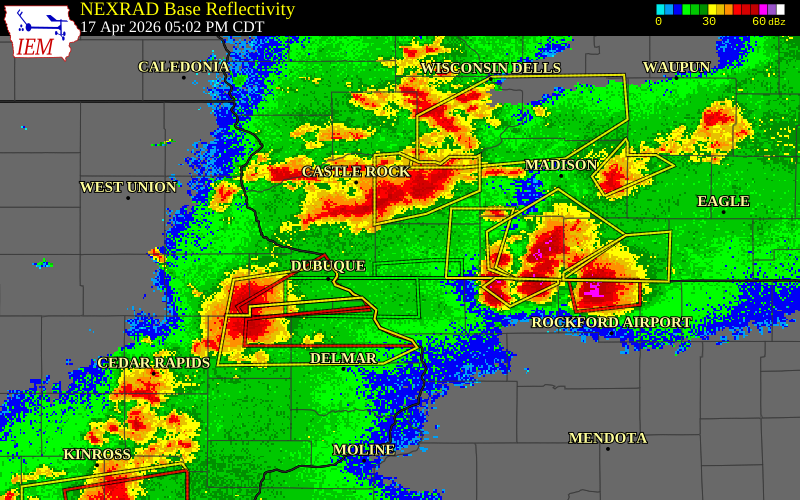 NEXRAD radar during the Friday, April 17, 2026 storm activity in Lafayette County, Wisconsin