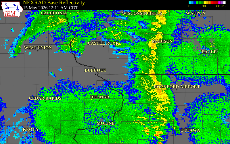 NEXRAD radar during the Friday, May 15, 2026 storm activity in Lafayette County, Wisconsin