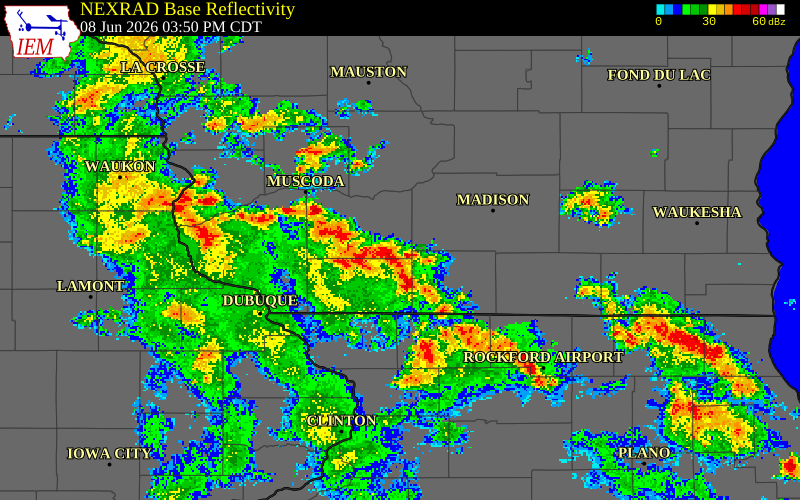 NEXRAD radar during the Monday, June 8, 2026 storm activity in Lafayette County, Wisconsin