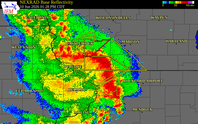 NEXRAD radar during the Wednesday, June 10, 2026 storm activity in Lafayette County, Wisconsin