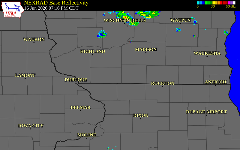 NEXRAD radar during the Tuesday, June 16, 2026 storm activity in Lafayette County, Wisconsin