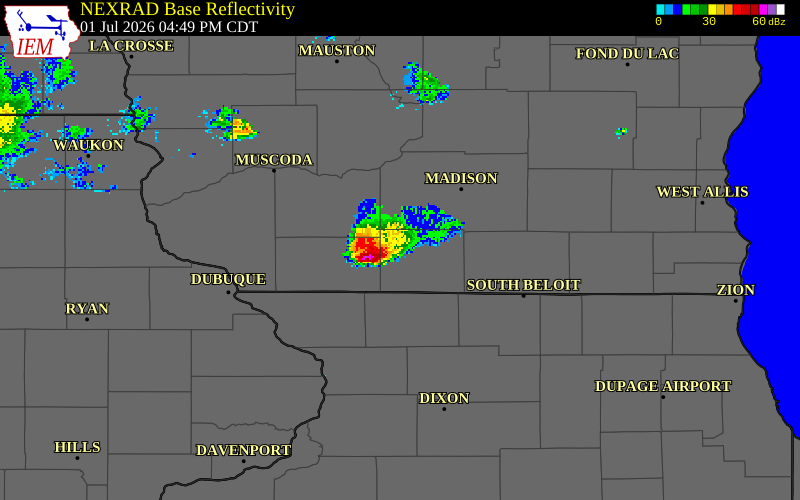 NEXRAD radar during the Wednesday, July 1, 2026 storm activity in Lafayette County, Wisconsin