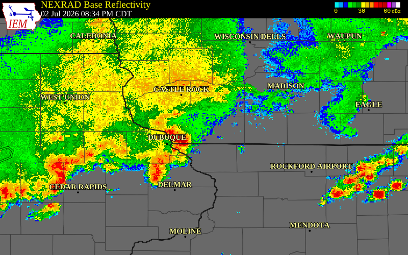 NEXRAD radar during the Thursday, July 2, 2026 storm activity in Lafayette County, Wisconsin