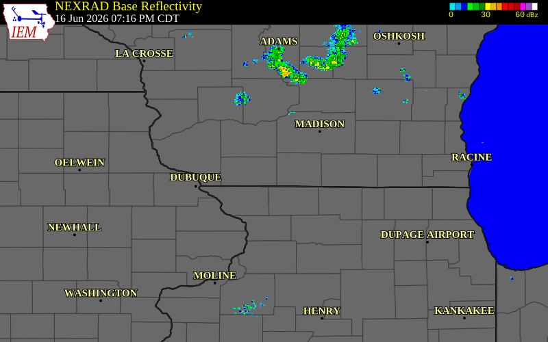 Radar snapshot during the Jun 16, 2026 tornado event near 1 NNW Woodford, Lafayette County, Wisconsin, with NWS warning polygons