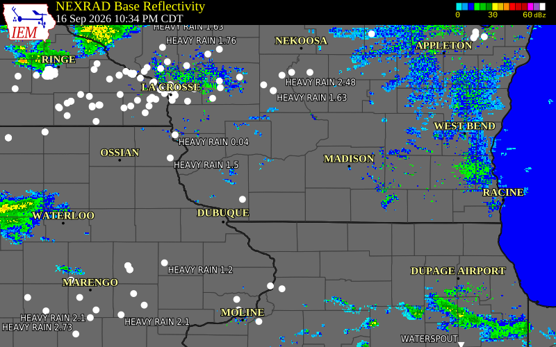 Current NEXRAD radar over Lafayette County, Wisconsin with recent storm report locations