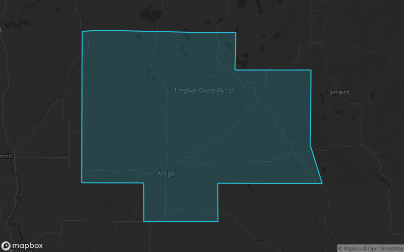 Map of Langlade County, Wisconsin showing the county boundary and surrounding cities
