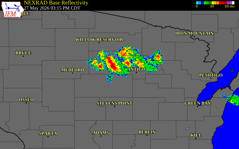 NEXRAD radar during the Wednesday, May 27, 2026 storm activity in Langlade County, Wisconsin