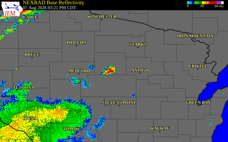 NEXRAD radar during the Friday, August 7, 2026 storm activity in Langlade County, Wisconsin
