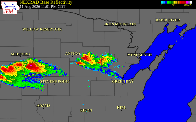 NEXRAD radar during the Tuesday, August 11, 2026 storm activity in Langlade County, Wisconsin