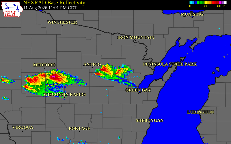 Radar snapshot during the Aug 11, 2026 hail event near Langlade County, Langlade County, Wisconsin, with NWS warning polygons