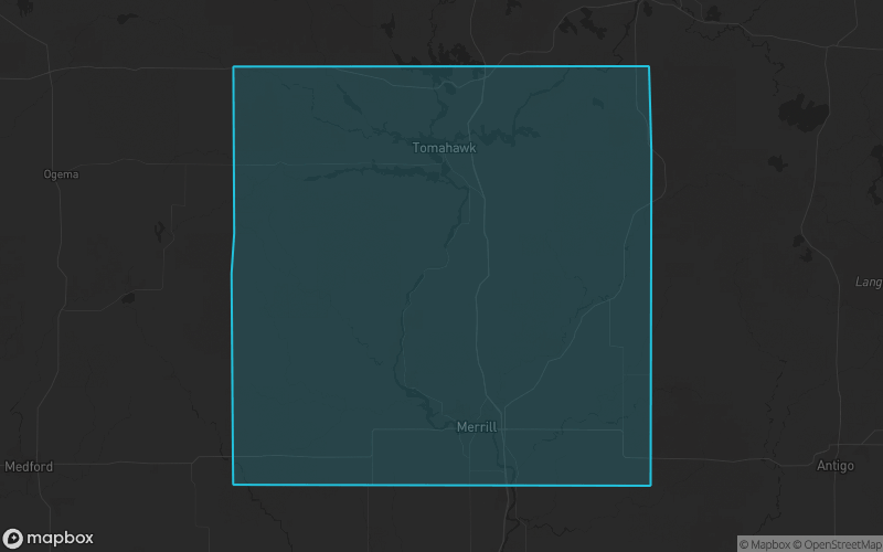 Map of Lincoln County, Wisconsin showing the county boundary and surrounding cities