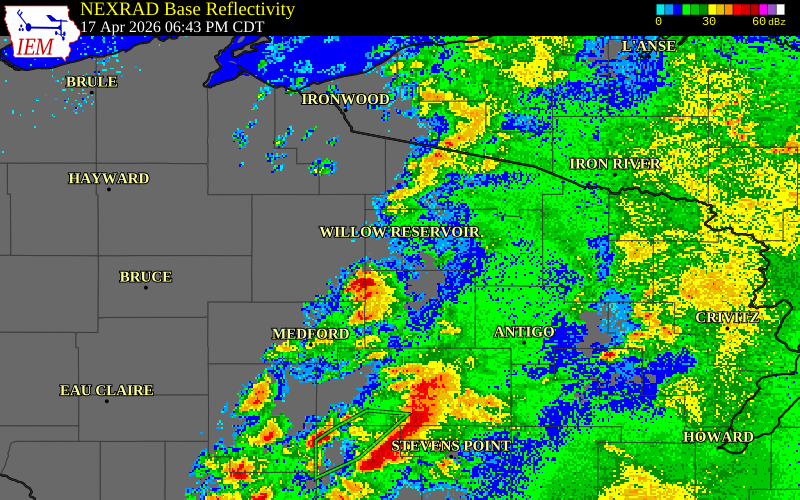 NEXRAD radar during the Friday, April 17, 2026 storm activity in Lincoln County, Wisconsin