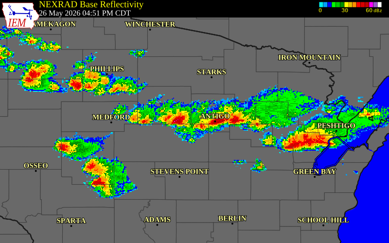 NEXRAD radar during the Tuesday, May 26, 2026 storm activity in Lincoln County, Wisconsin