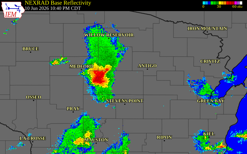 NEXRAD radar during the Wednesday, June 10, 2026 storm activity in Lincoln County, Wisconsin