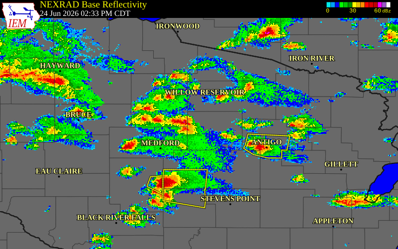 NEXRAD radar during the Wednesday, June 24, 2026 storm activity in Lincoln County, Wisconsin
