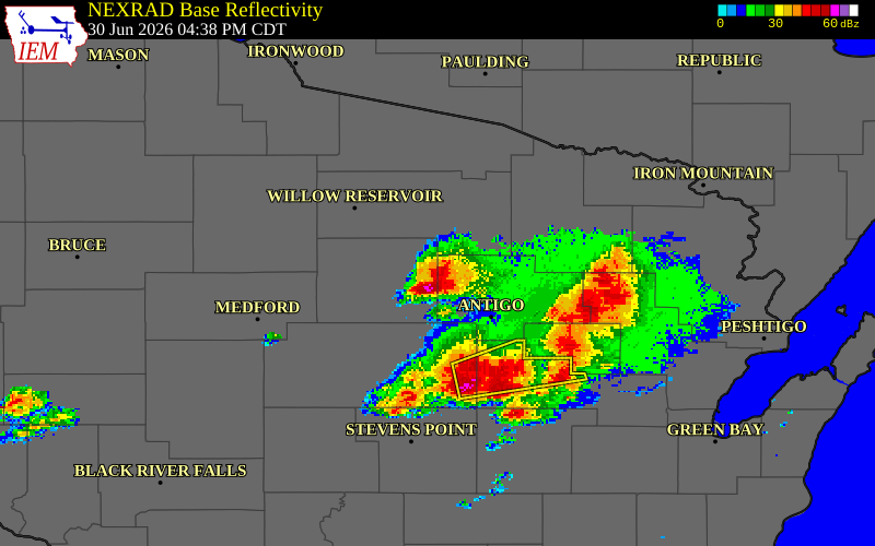 NEXRAD radar during the Tuesday, June 30, 2026 storm activity in Lincoln County, Wisconsin