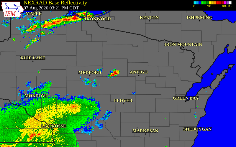 Radar snapshot during the Aug 7, 2026 hail event near Lincoln County, Lincoln County, Wisconsin, with NWS warning polygons
