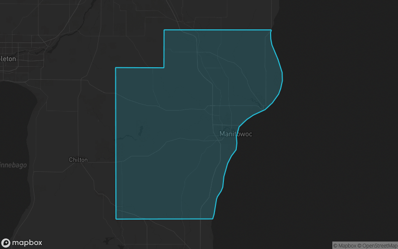 Map of Manitowoc County, Wisconsin showing the county boundary and surrounding cities