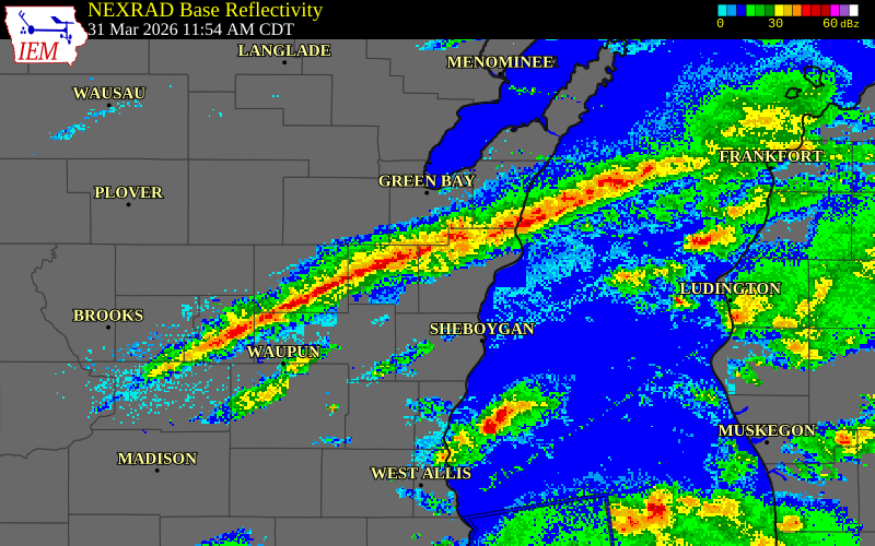 NEXRAD radar during the Tuesday, March 31, 2026 storm activity in Manitowoc County, Wisconsin