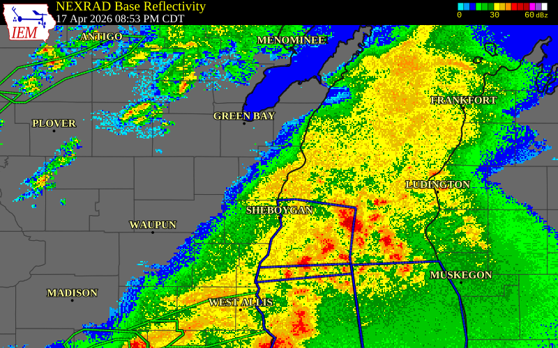 NEXRAD radar during the Friday, April 17, 2026 storm activity in Manitowoc County, Wisconsin