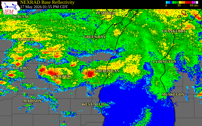 NEXRAD radar during the Sunday, May 17, 2026 storm activity in Manitowoc County, Wisconsin