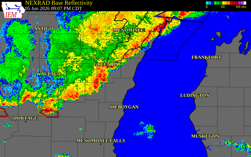 NEXRAD radar during the Friday, June 5, 2026 storm activity in Manitowoc County, Wisconsin