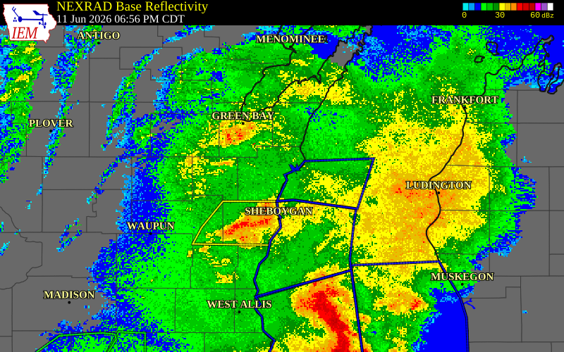 NEXRAD radar during the Thursday, June 11, 2026 storm activity in Manitowoc County, Wisconsin
