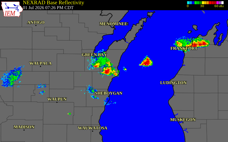 NEXRAD radar during the Wednesday, July 1, 2026 storm activity in Manitowoc County, Wisconsin