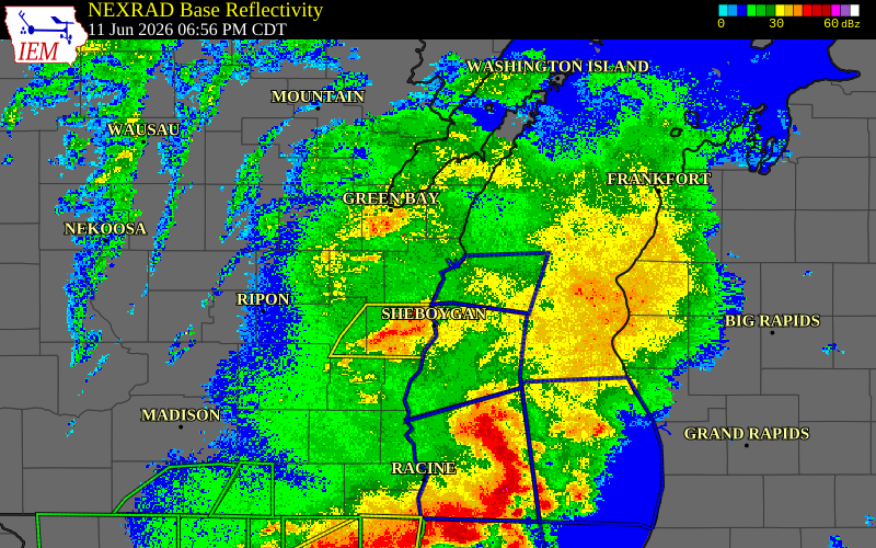 Radar snapshot during the Jun 11, 2026 wind event near Manitowoc County, Manitowoc County, Wisconsin, with NWS warning polygons