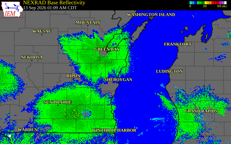 Current NEXRAD radar over Manitowoc County, Wisconsin with recent storm report locations