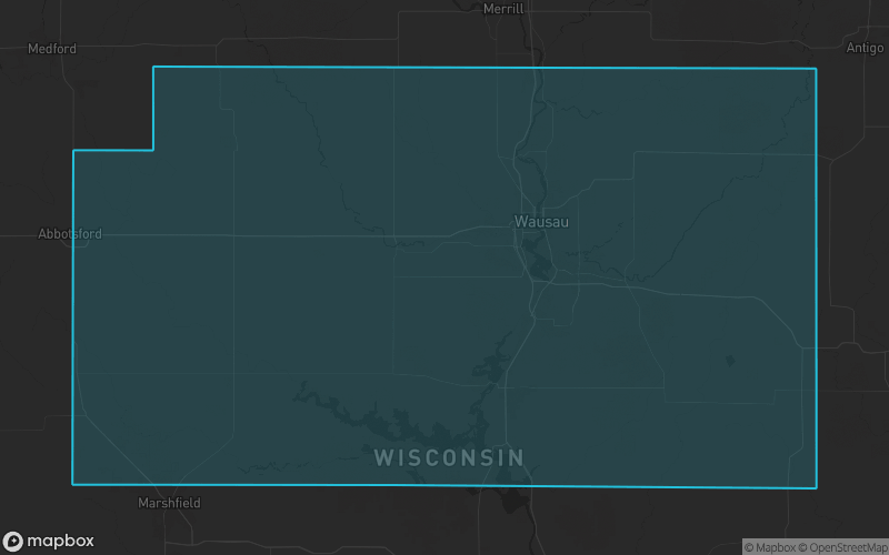 Map of Marathon County, Wisconsin showing the county boundary and surrounding cities